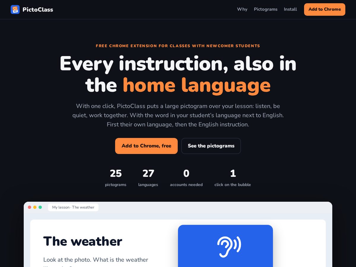 Landing-page snapshot of pictoclass.com