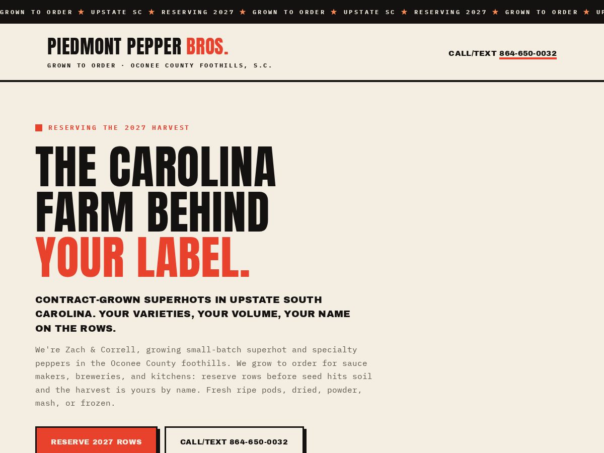 Landing-page snapshot of piedmontpeppers.com