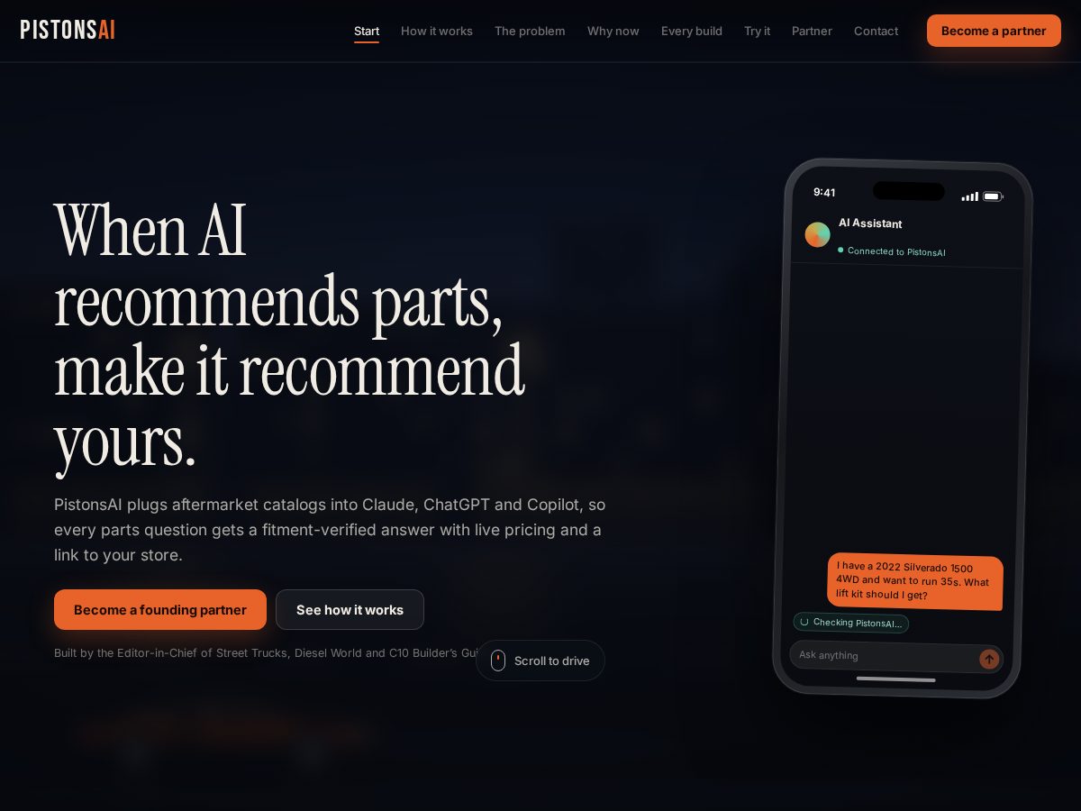 Landing-page snapshot of pistonsai.com