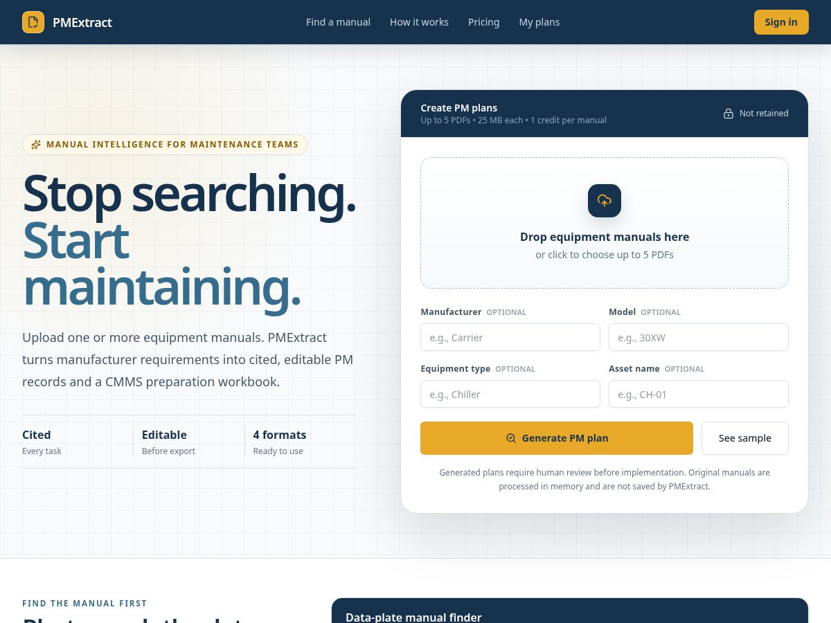 Landing-page snapshot of pmextract.com