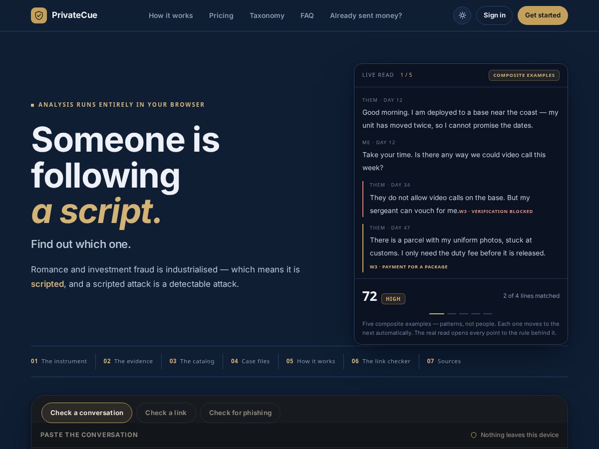 Landing-page snapshot of privatecue.com
