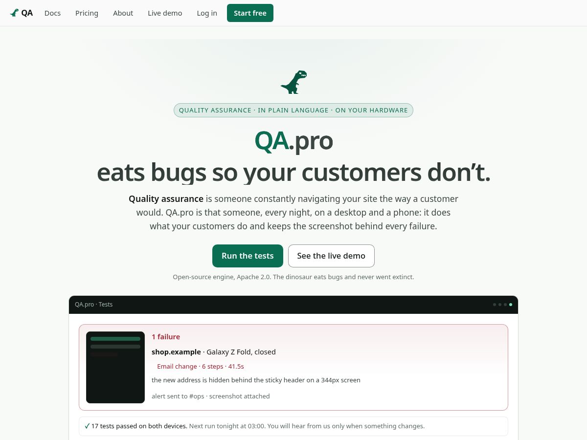 Landing-page snapshot of qa.pro