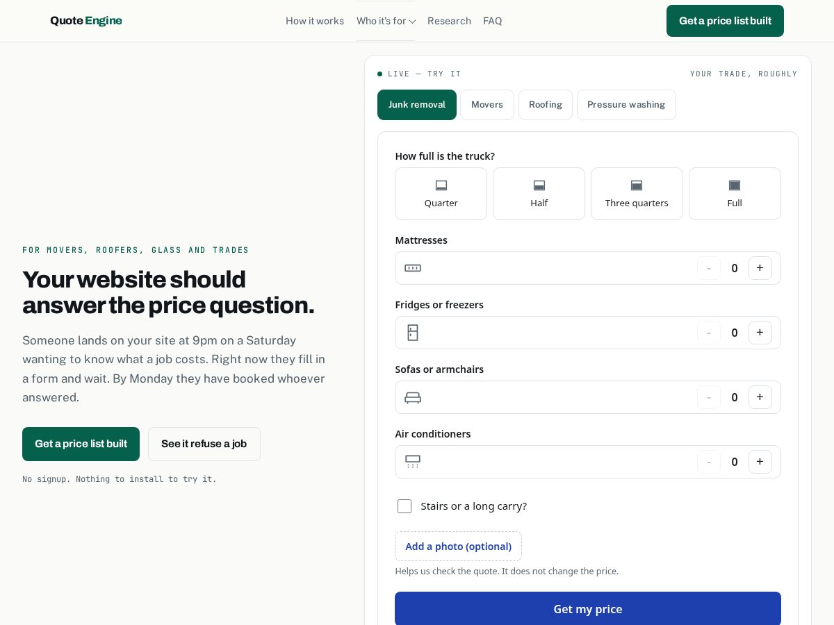 Landing-page snapshot of quoteenginehq.com
