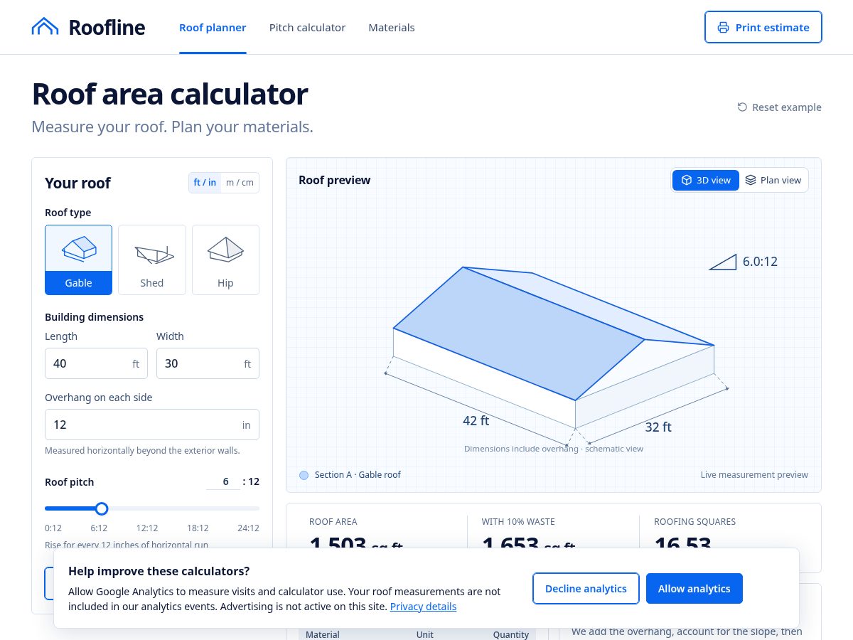 Landing-page snapshot of rooflinecalc.com