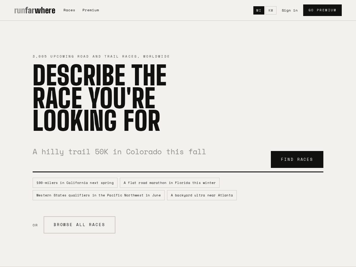 Landing-page snapshot of runfarwhere.com