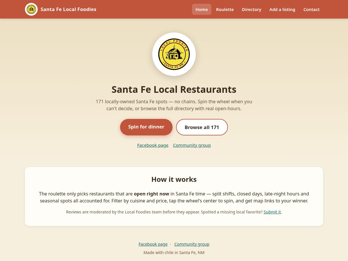 Landing-page snapshot of santafelocalfoodies.com