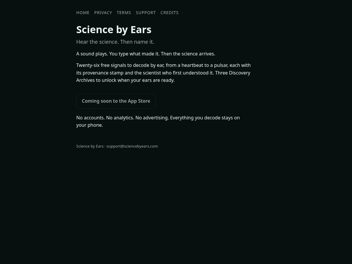 Landing-page snapshot of sciencebyears.com
