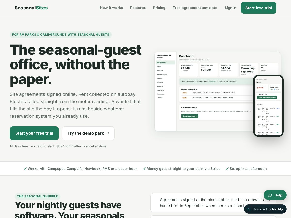 Landing-page snapshot of seasonalsites.com
