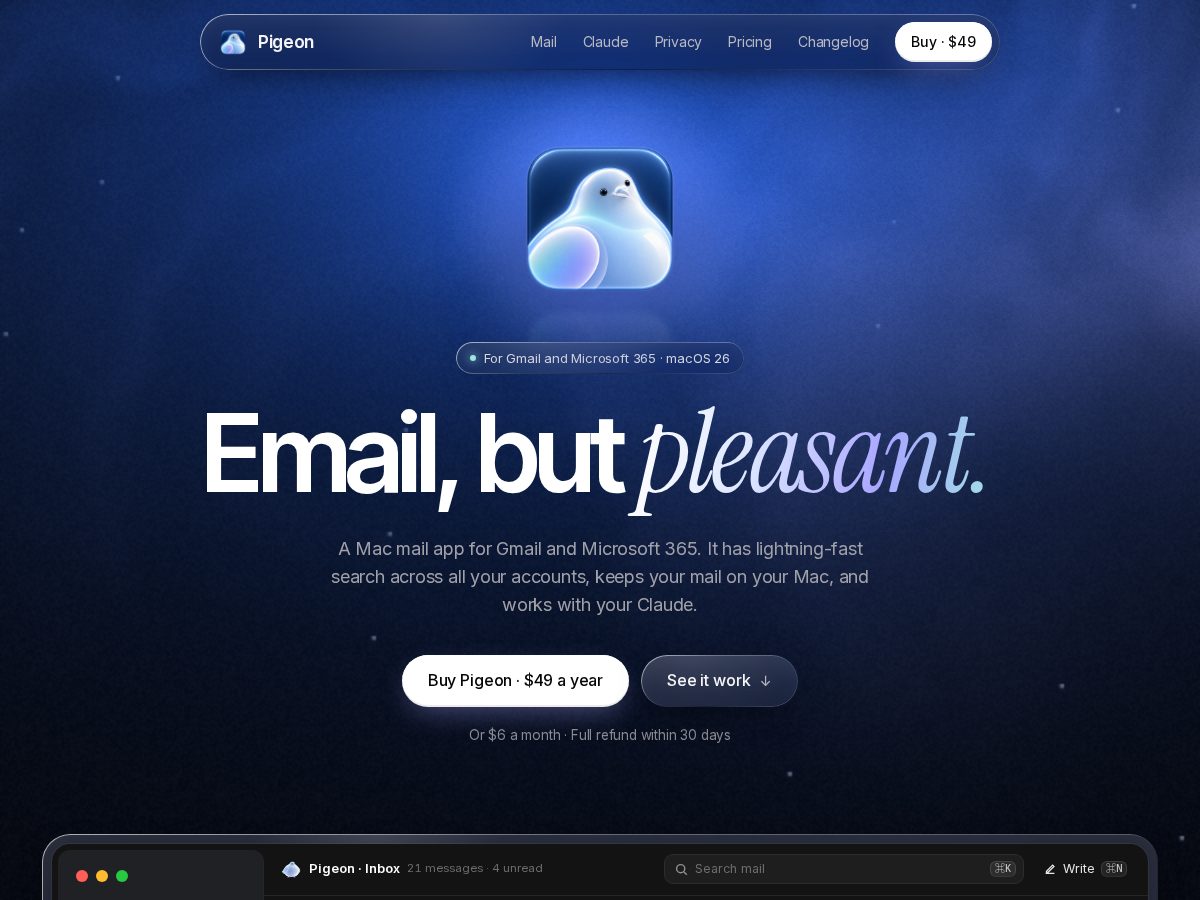 Landing-page snapshot of sentviapigeon.com