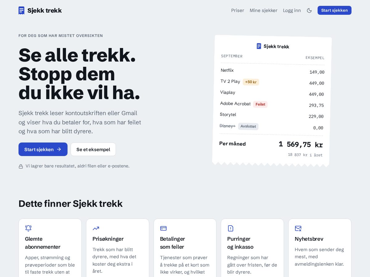 Landing-page snapshot of sjekktrekk.com