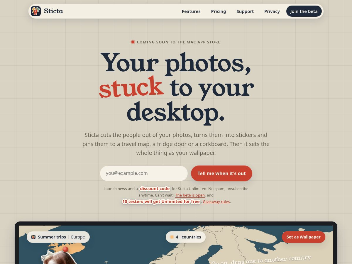 Landing-page snapshot of sticta.app