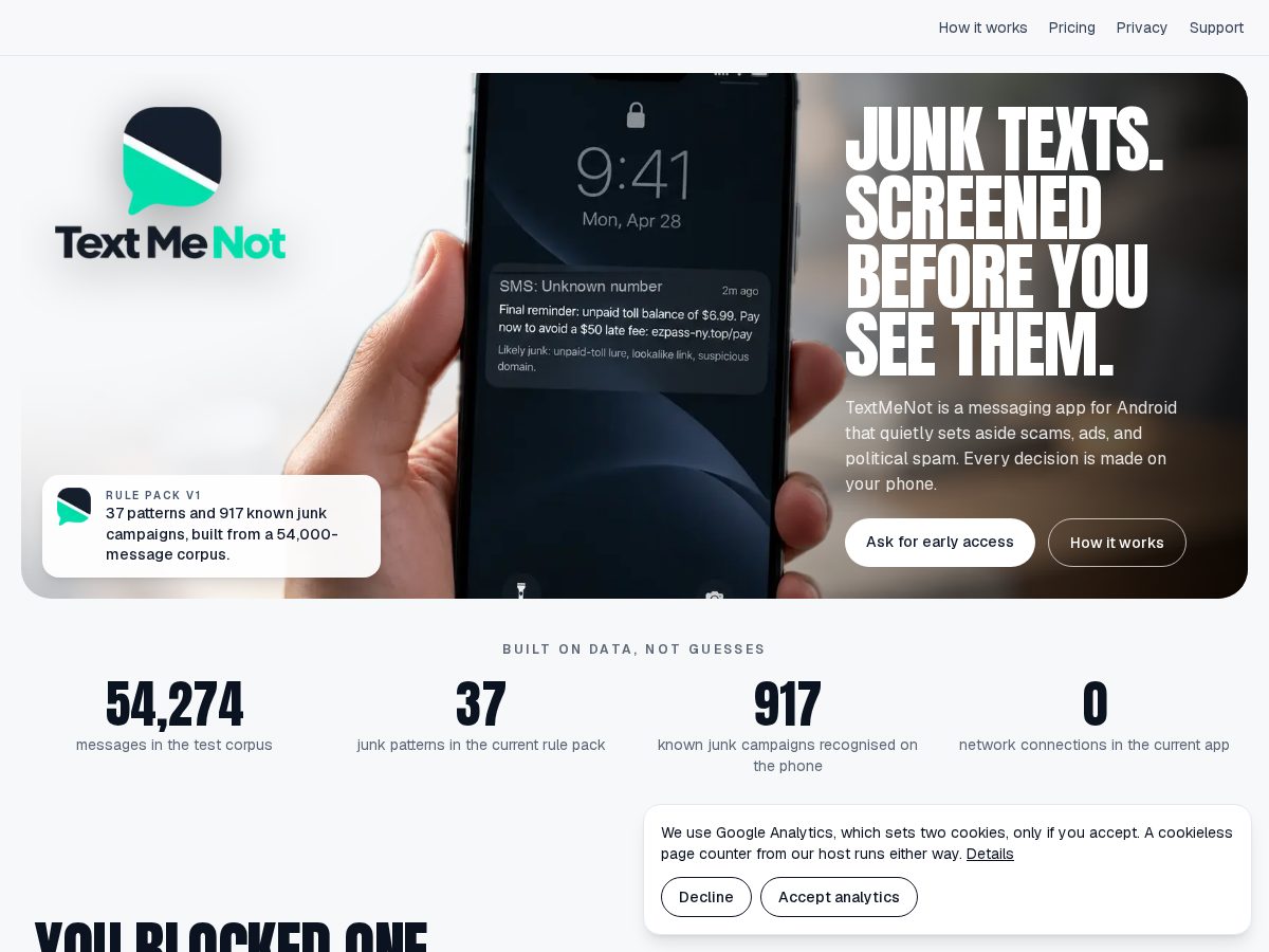 Landing-page snapshot of textmenot.app
