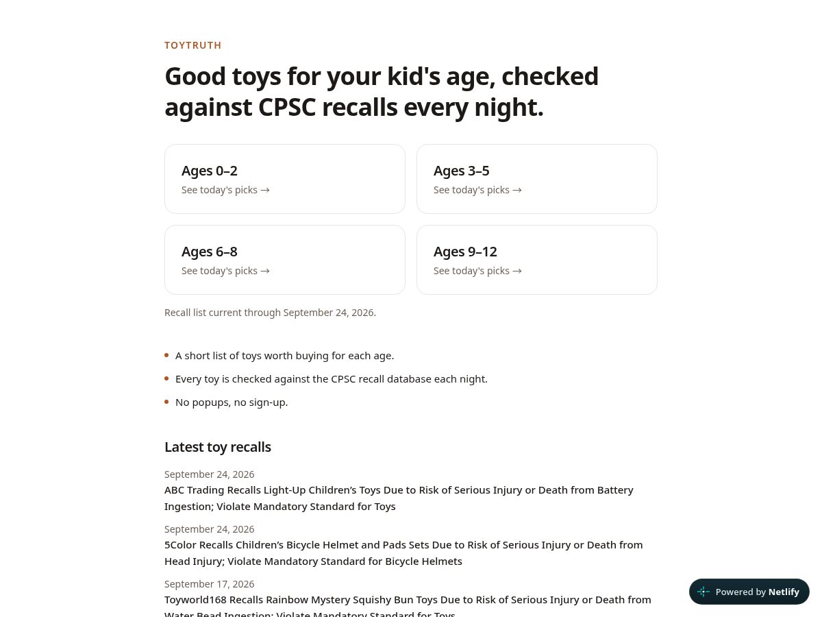 Landing-page snapshot of toytruth.com