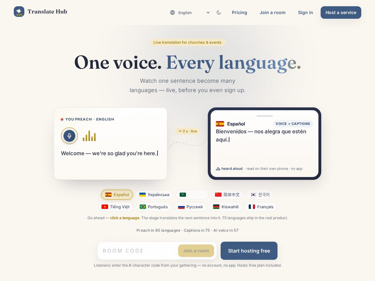 Landing-page snapshot of translate-hub.com