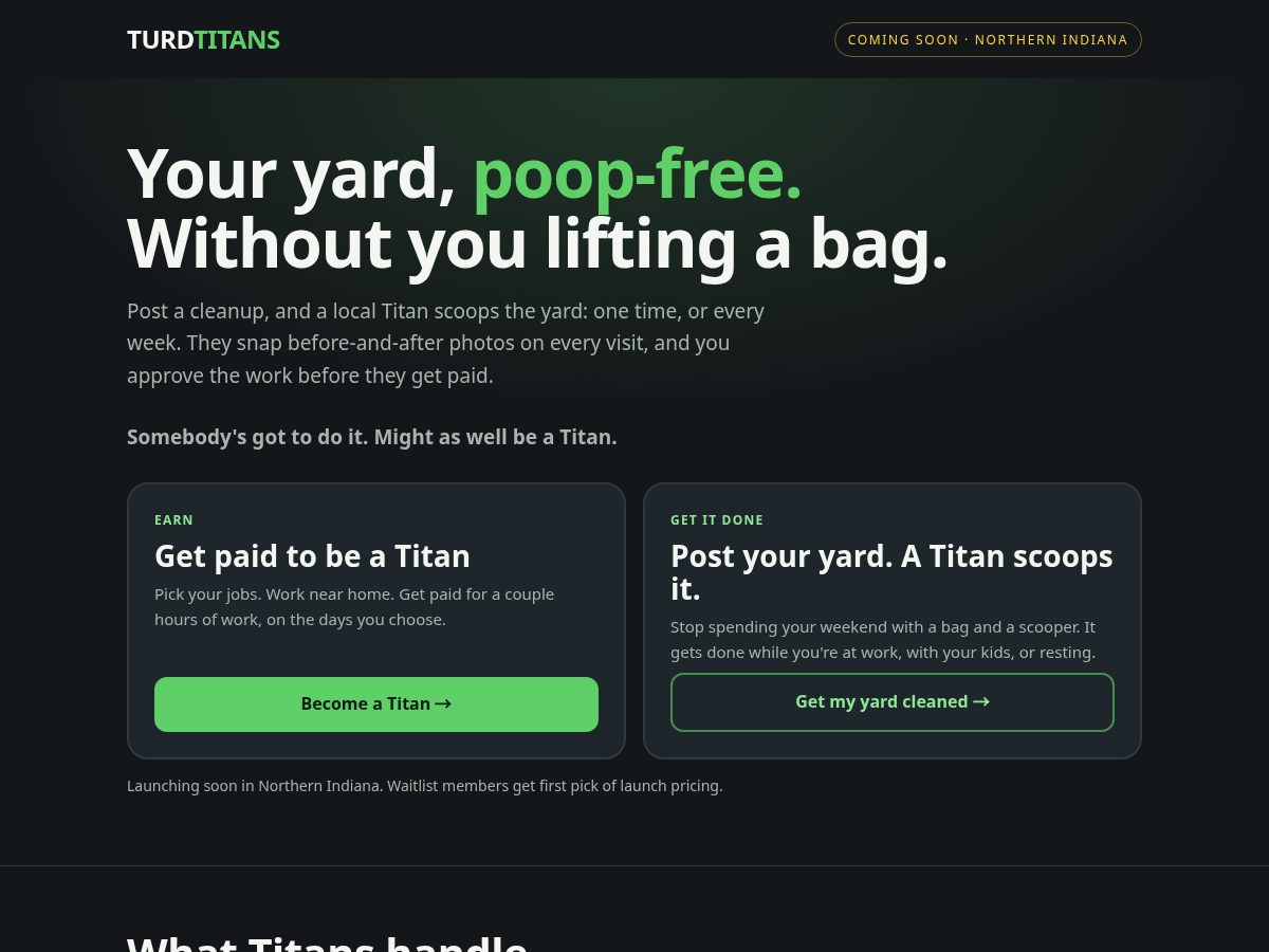 Landing-page snapshot of turdtitans.com