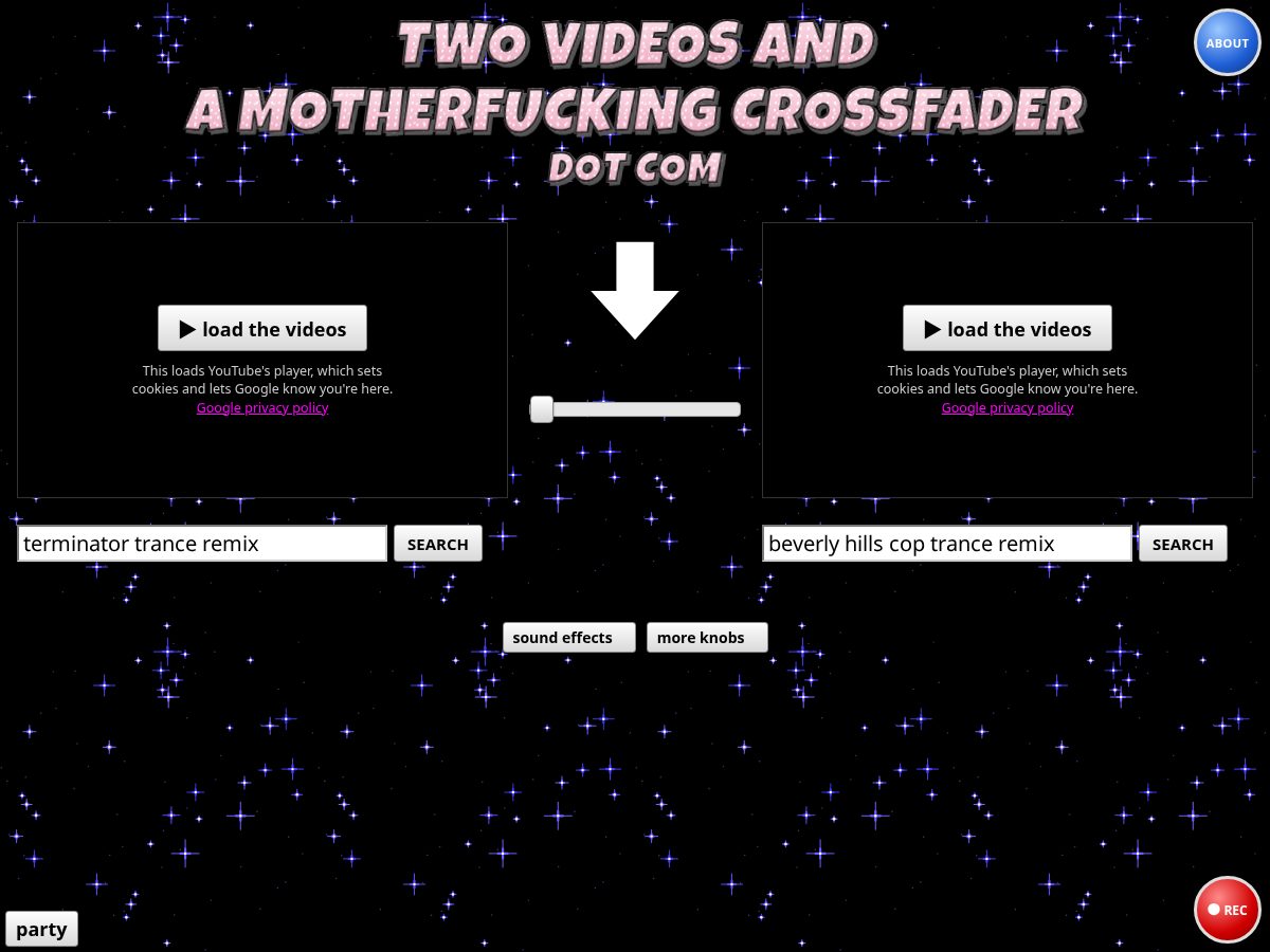 Landing-page snapshot of twovideosandamotherfuckingcrossfader.com