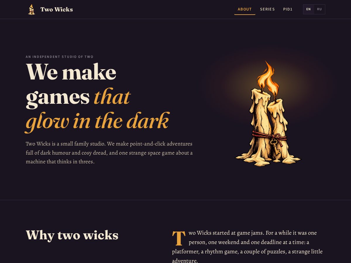 Landing-page snapshot of twowicksgames.com