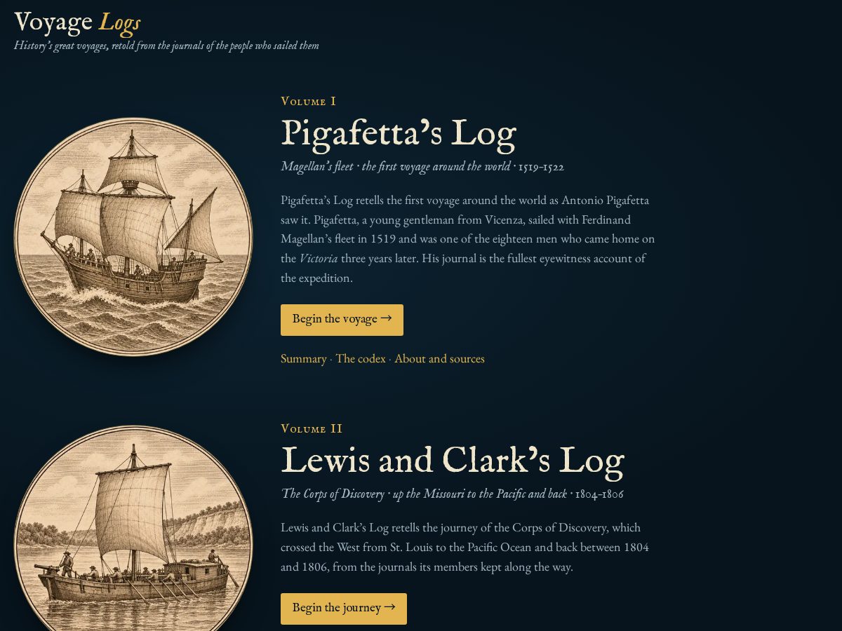 Landing-page snapshot of voyagelogs.com