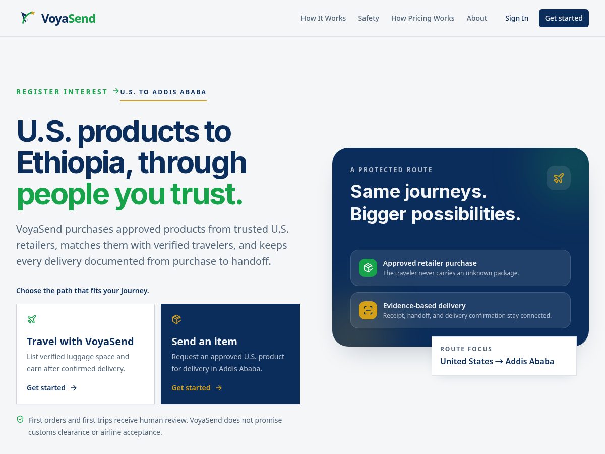 Landing-page snapshot of voyasend.com