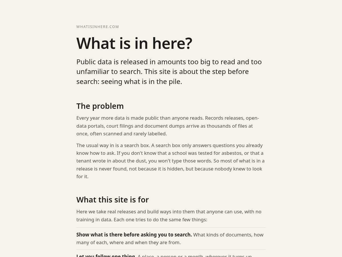 Landing-page snapshot of whatisinhere.com