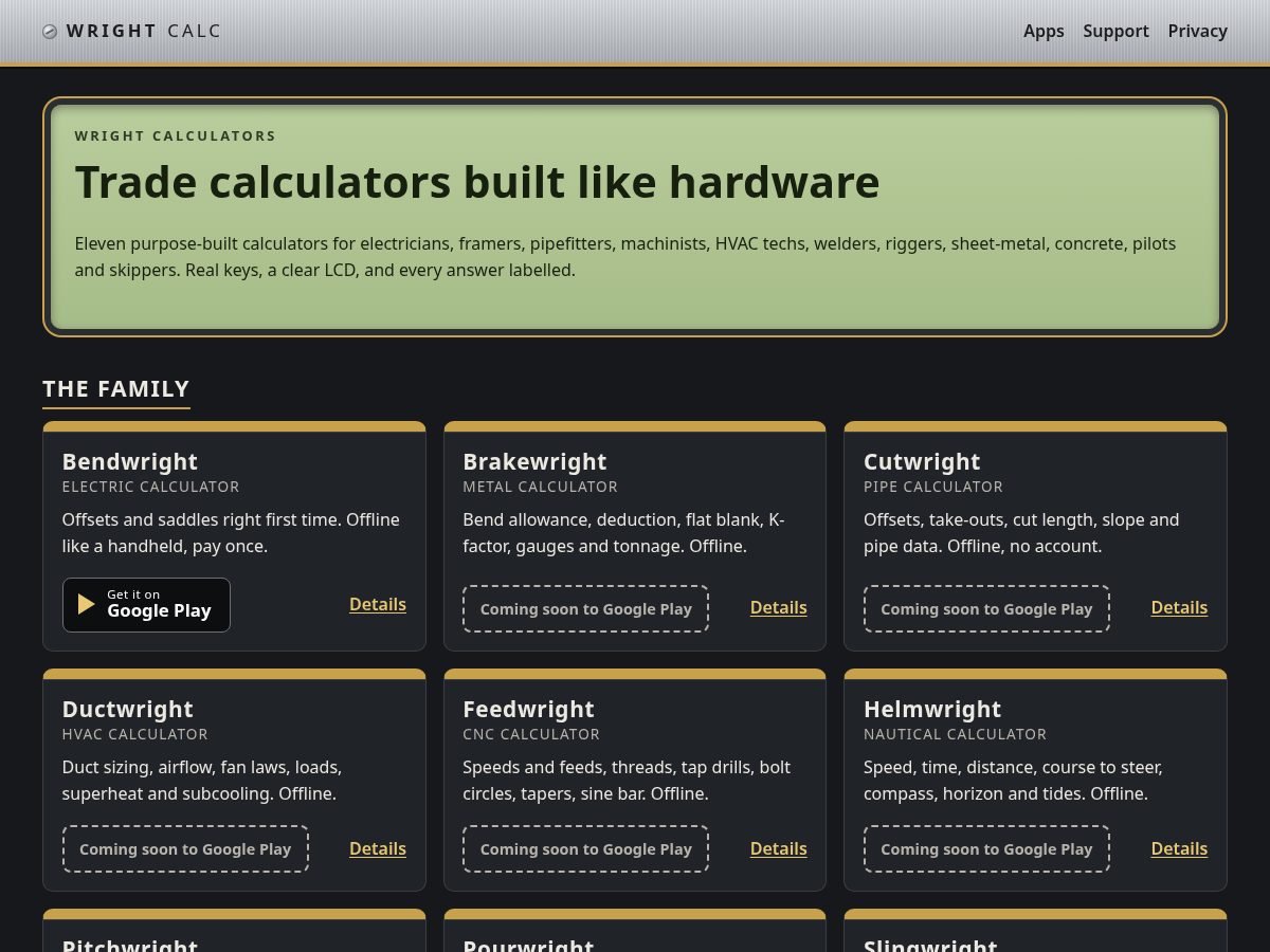 Landing-page snapshot of wrightcalc.app
