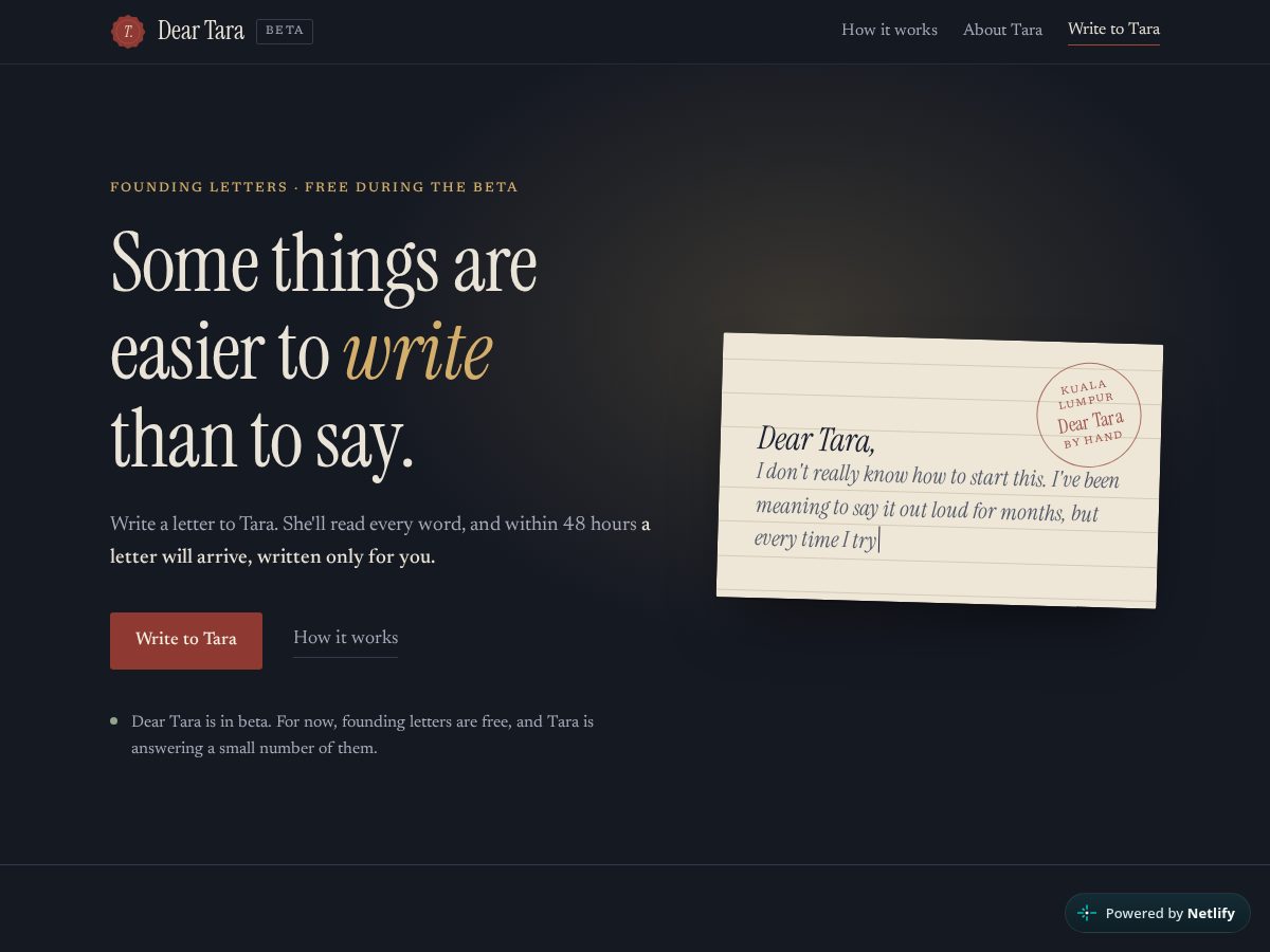 Landing-page snapshot of writetotara.com