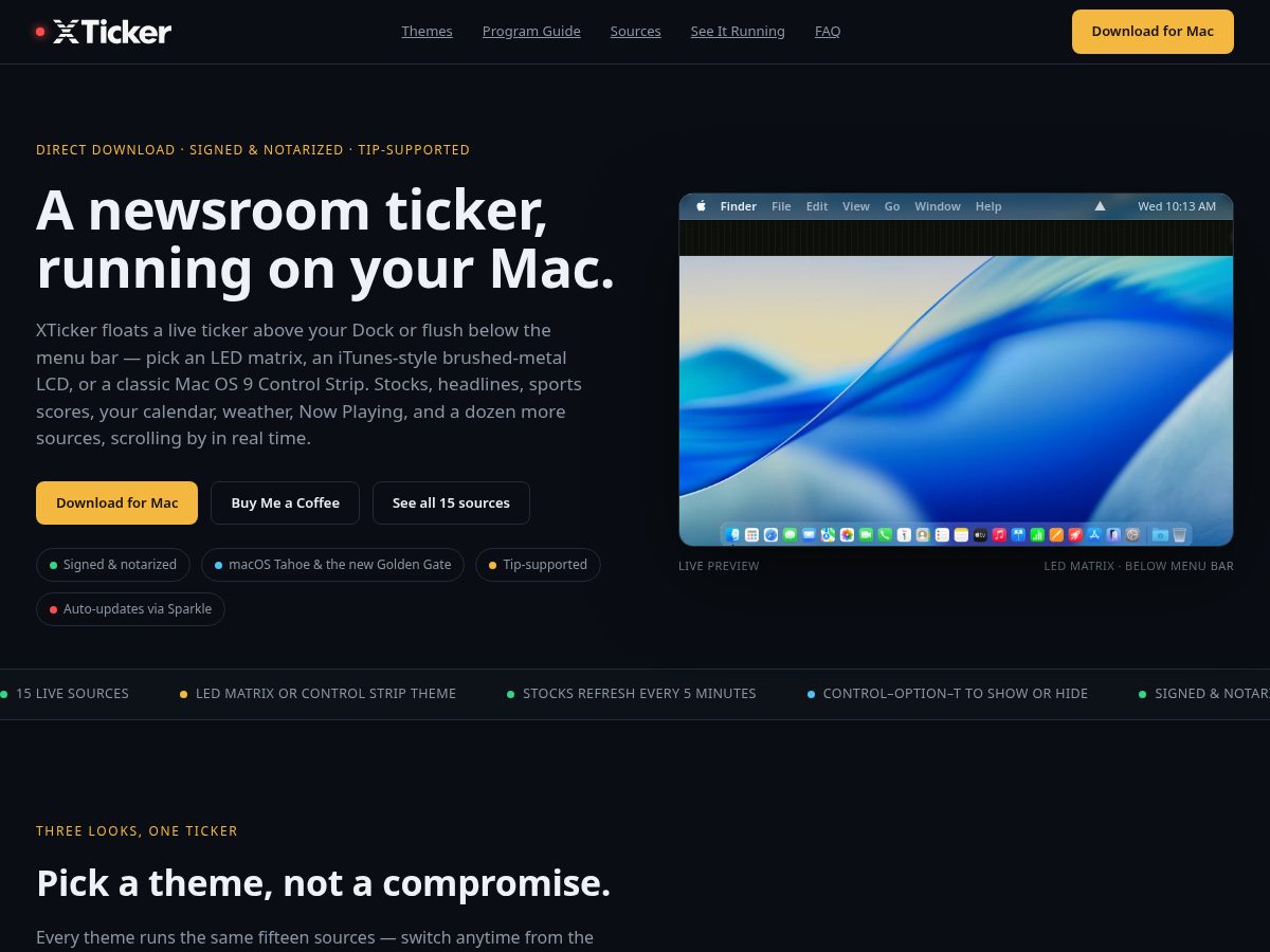 Landing-page snapshot of xtickerapp.com