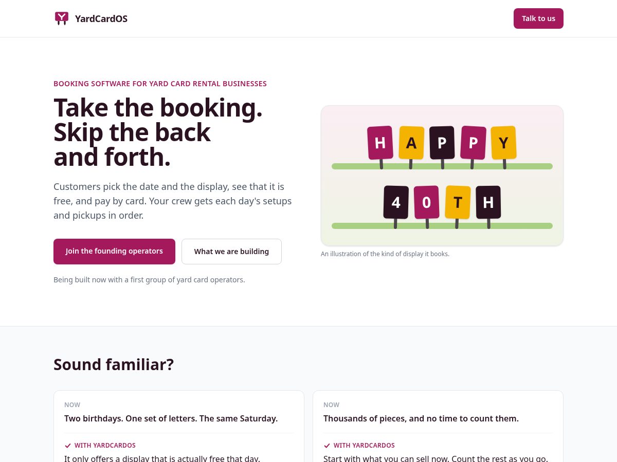 Landing-page snapshot of yardcardos.app