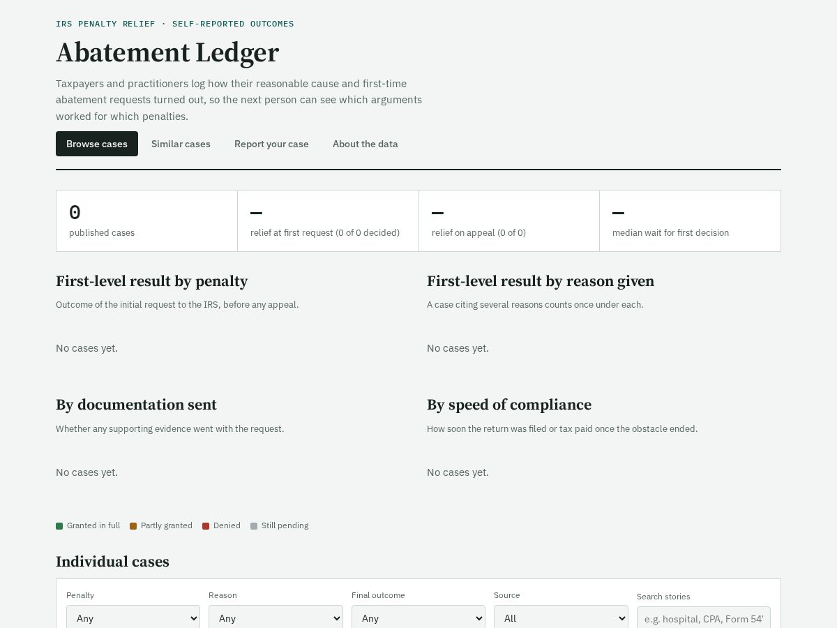 Landing-page snapshot of abatementledger.com