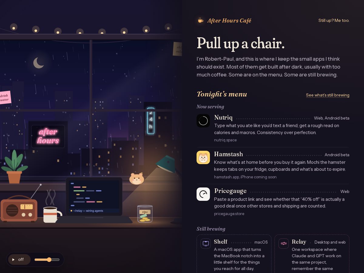 Landing-page snapshot of afterhourscafe.space