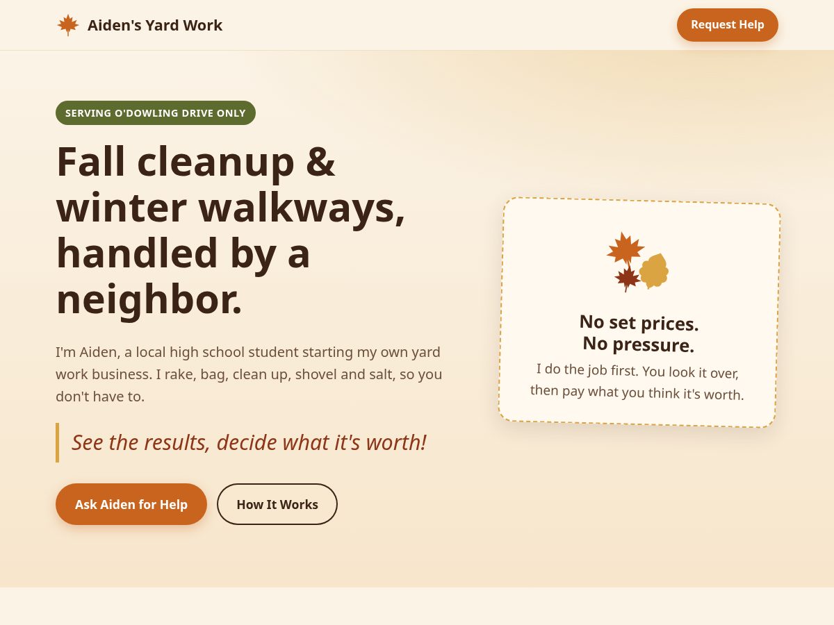 Landing-page snapshot of aidensyardwork.com