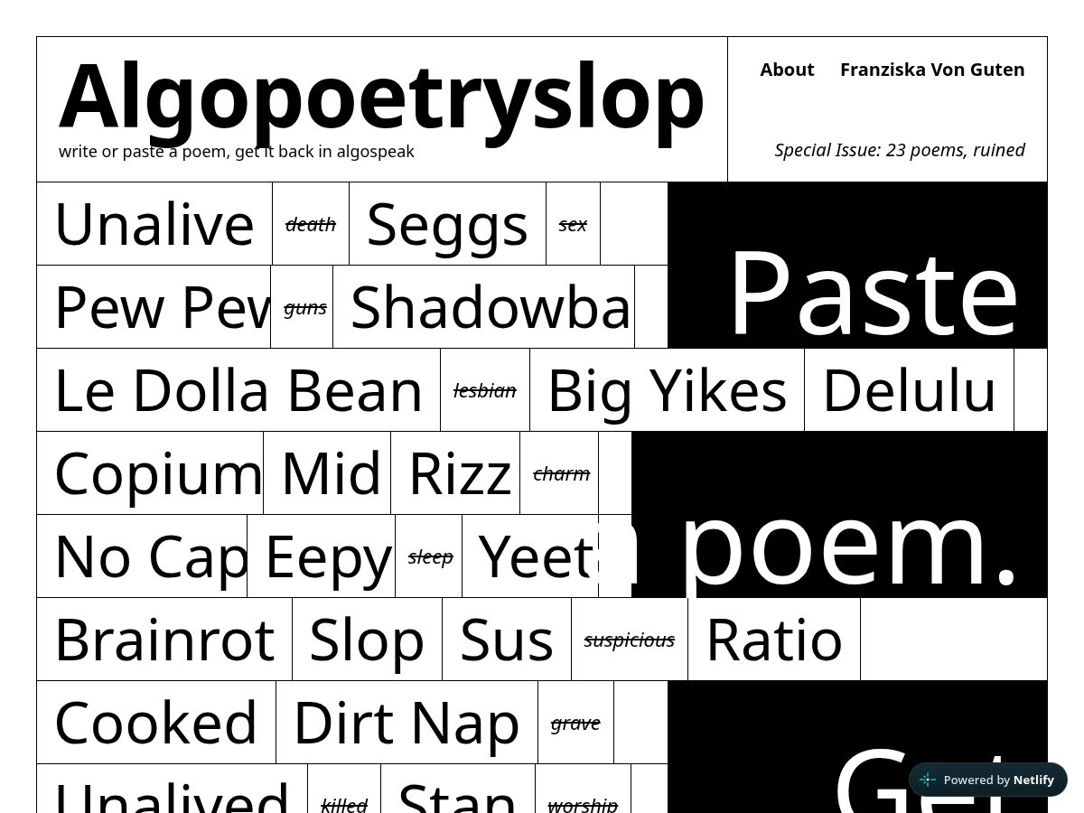 Landing-page snapshot of algopoetryslop.lol