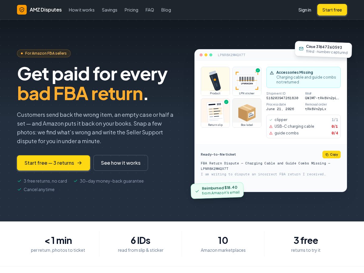 Landing-page snapshot of amzdisputes.com