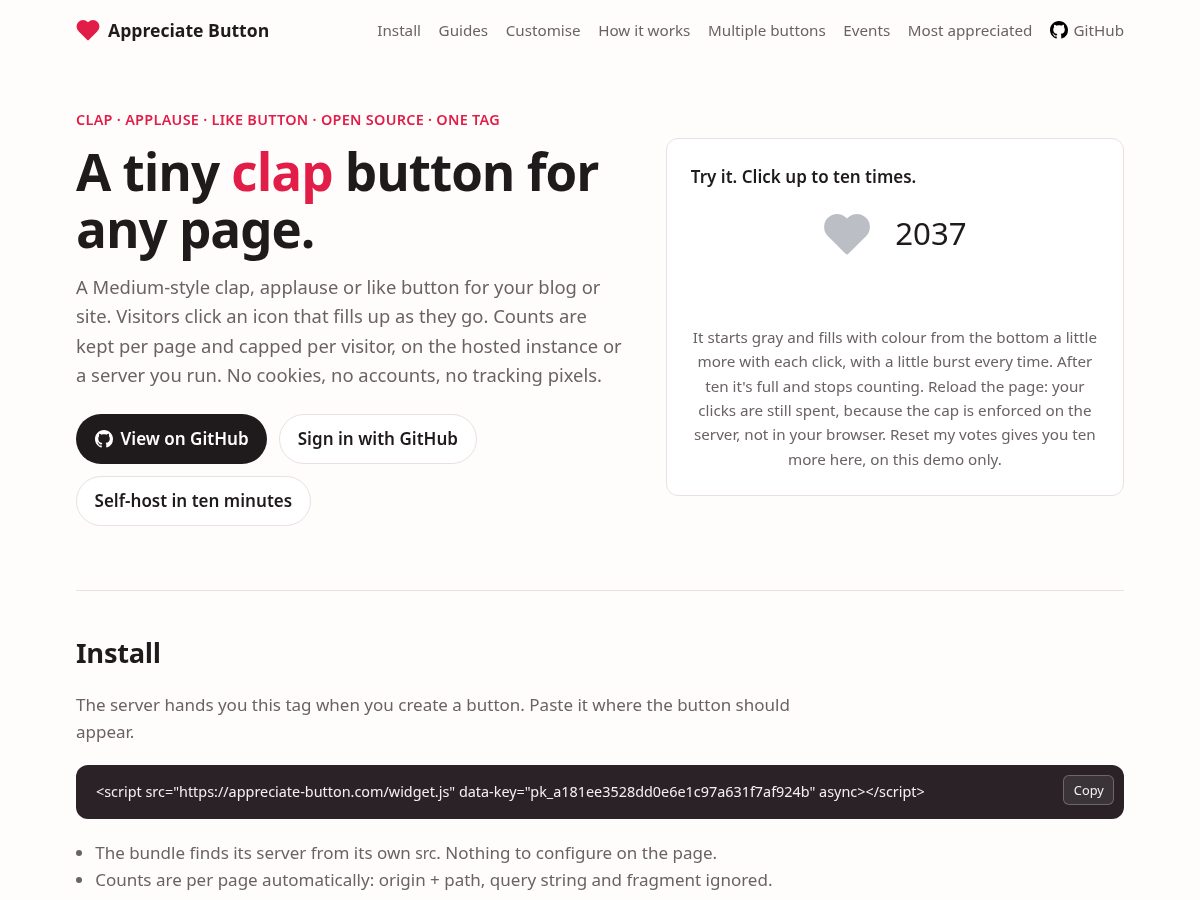 Landing-page snapshot of appreciate-button.com