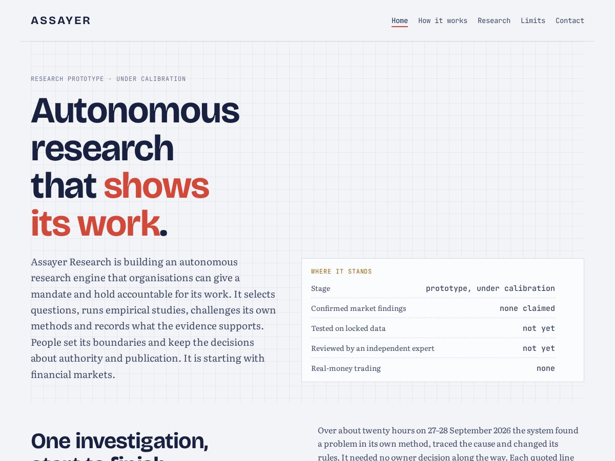 Landing-page snapshot of assayerresearch.com