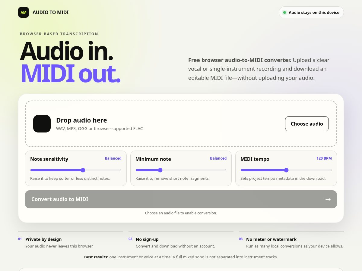 Landing-page snapshot of audiomiditool.com