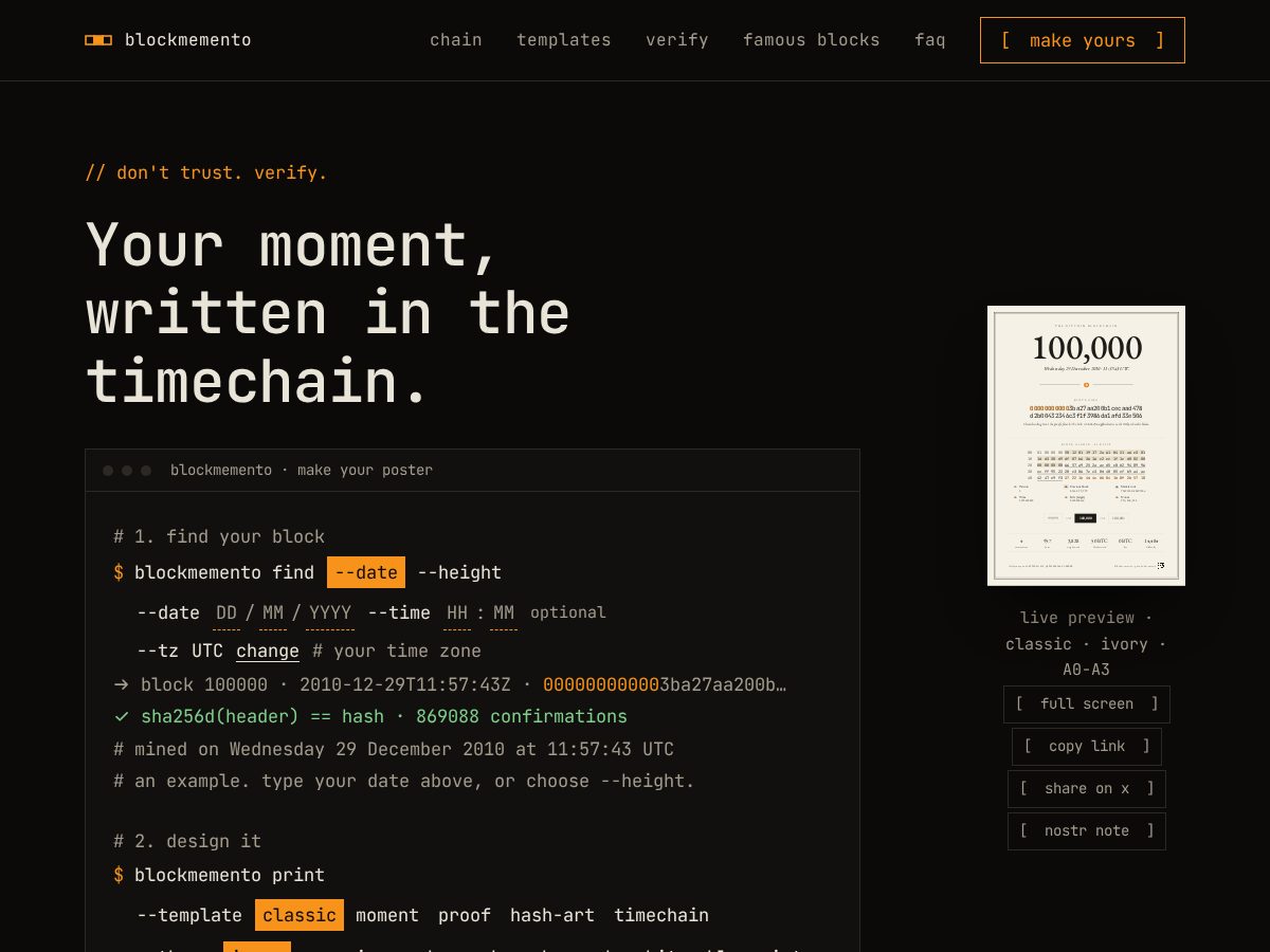 Landing-page snapshot of blockmemento.com