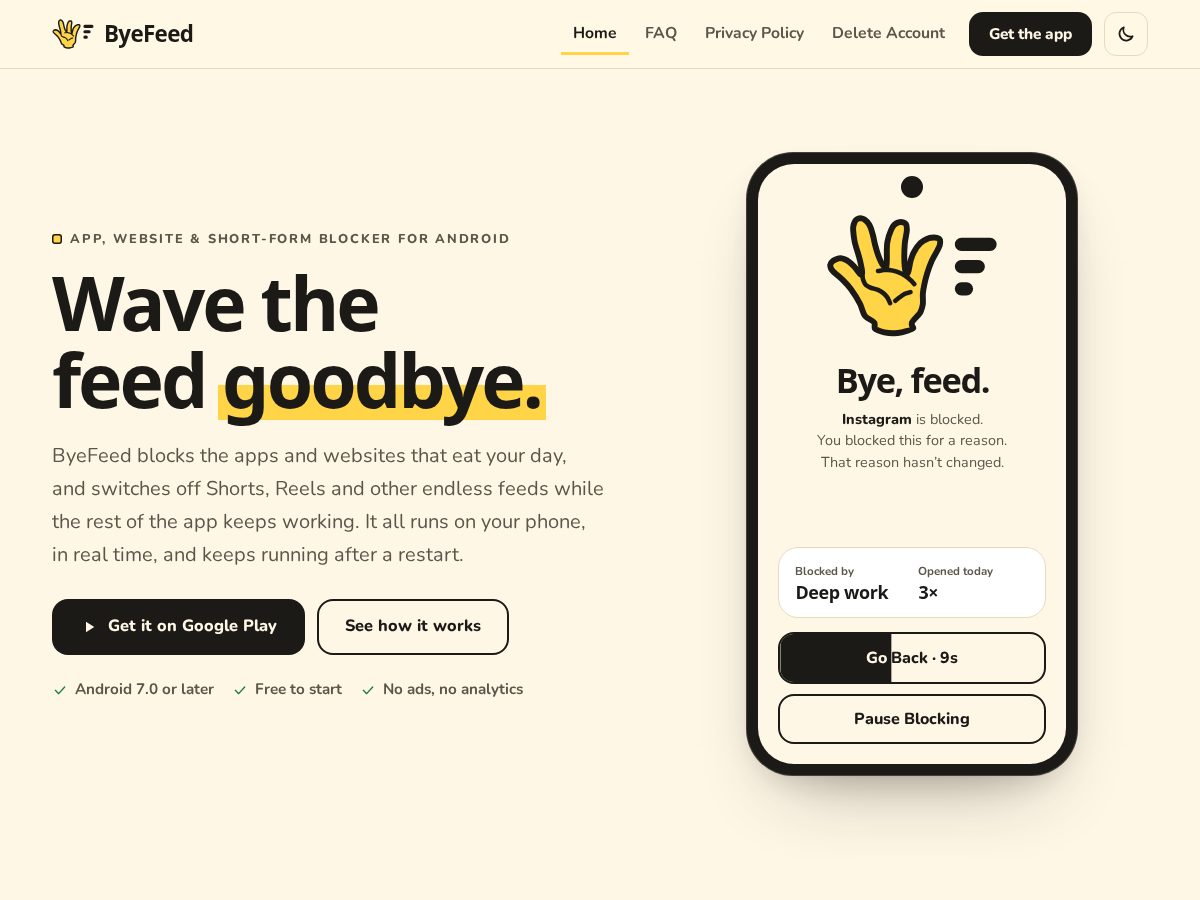Landing-page snapshot of byefeed.app