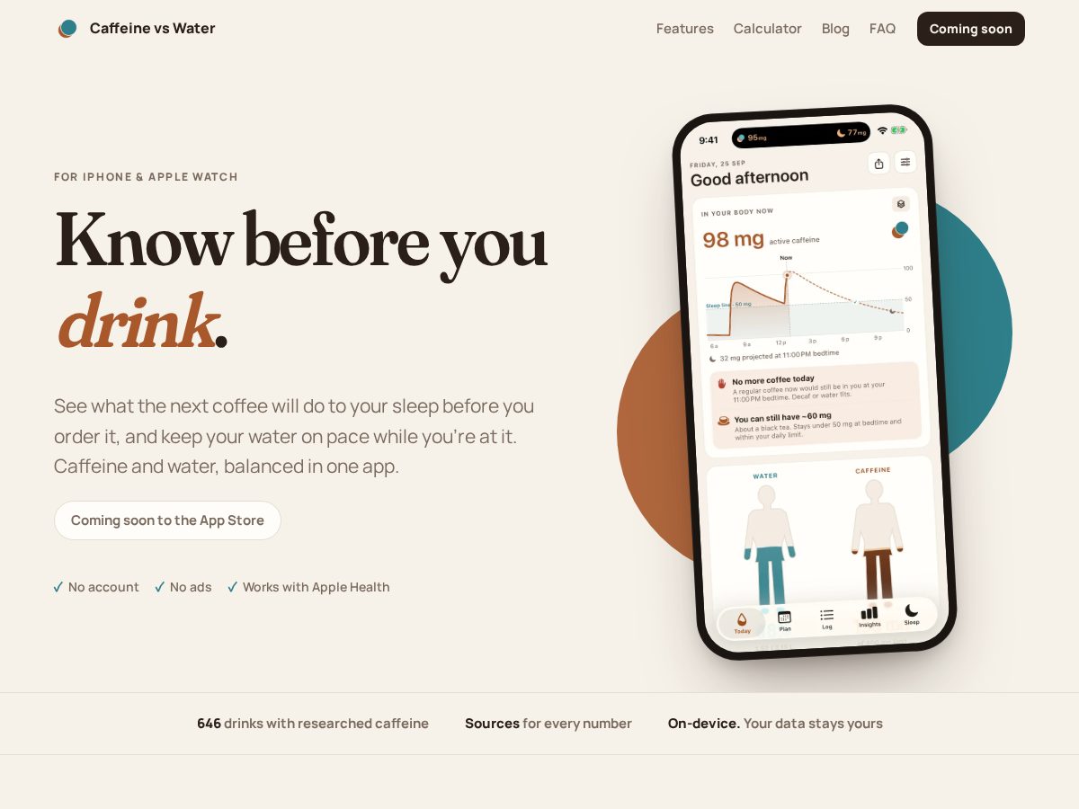 Landing-page snapshot of caffeine-vs-water.app