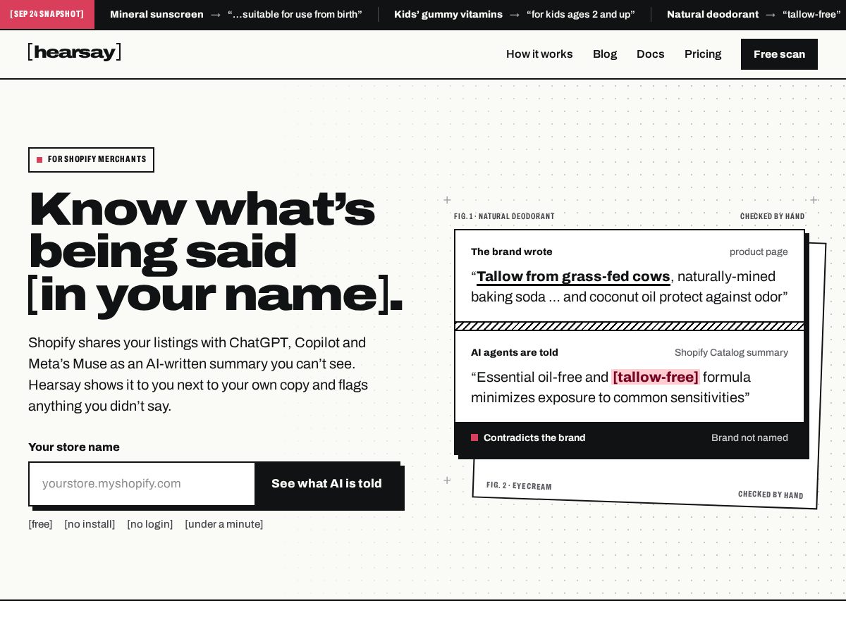 Landing-page snapshot of checkhearsay.com