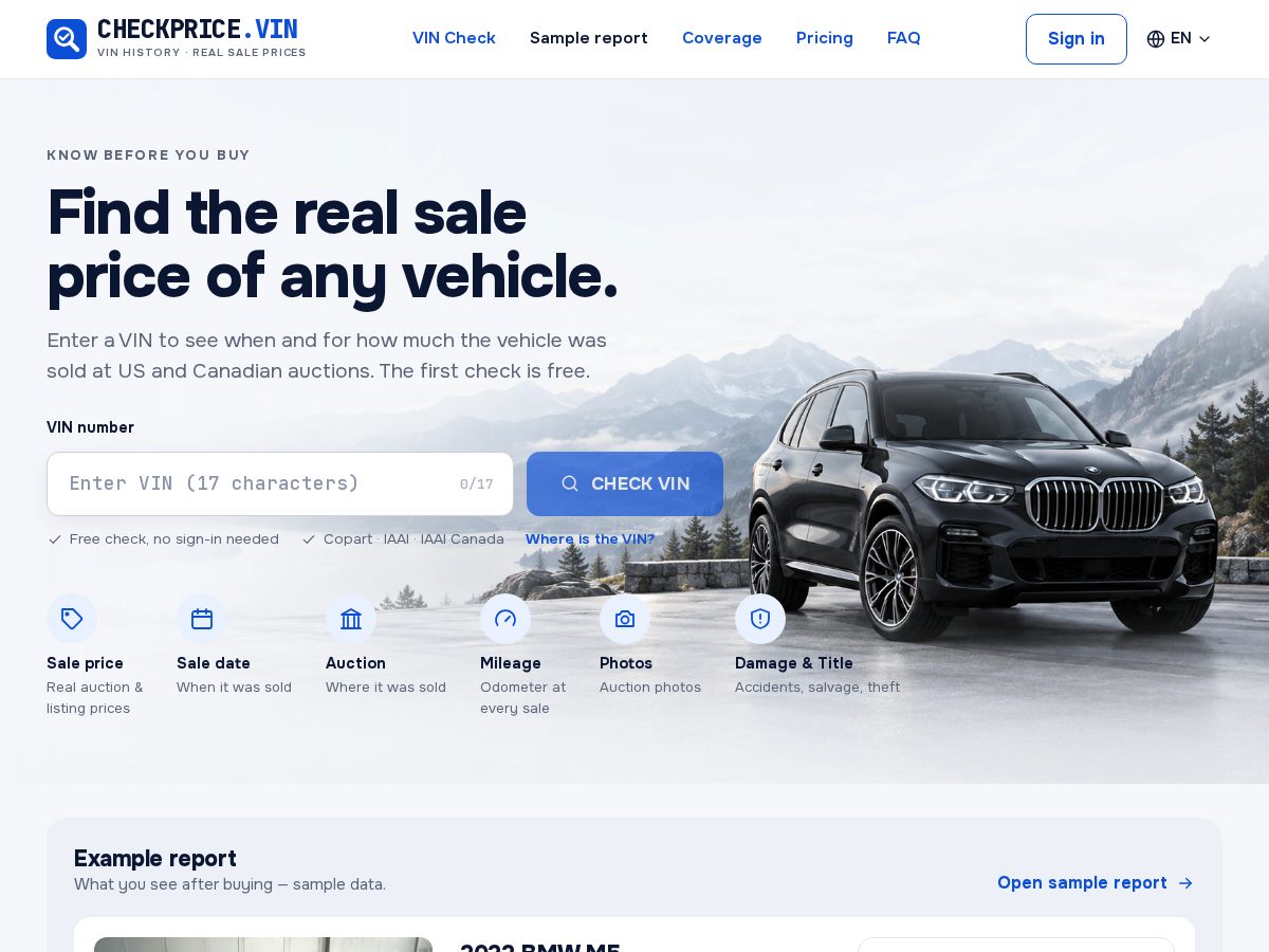 Landing-page snapshot of checkprice.vin