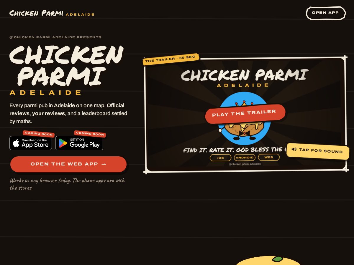 Landing-page snapshot of chickenparmi.app