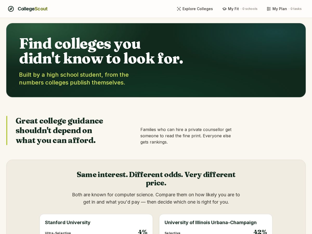 Landing-page snapshot of collegescout.app