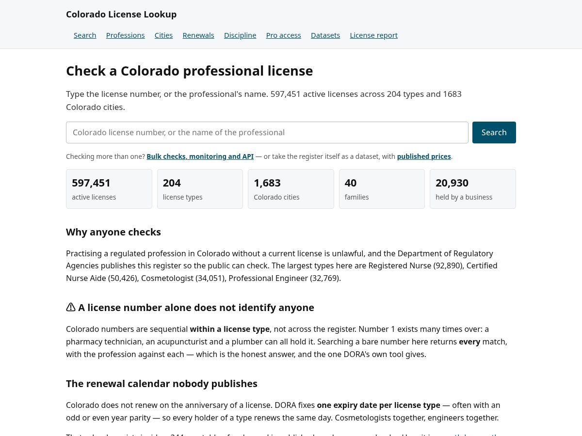 Landing-page snapshot of colorado-license-lookup.com
