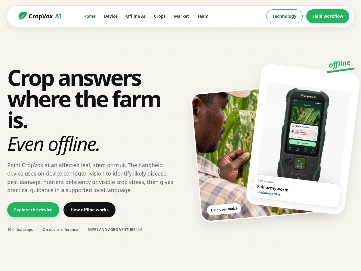 Landing-page snapshot of cropvox-ai.com