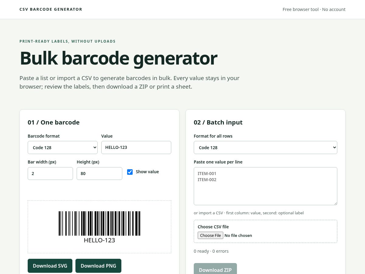 Landing-page snapshot of csvbarcodegenerator.com