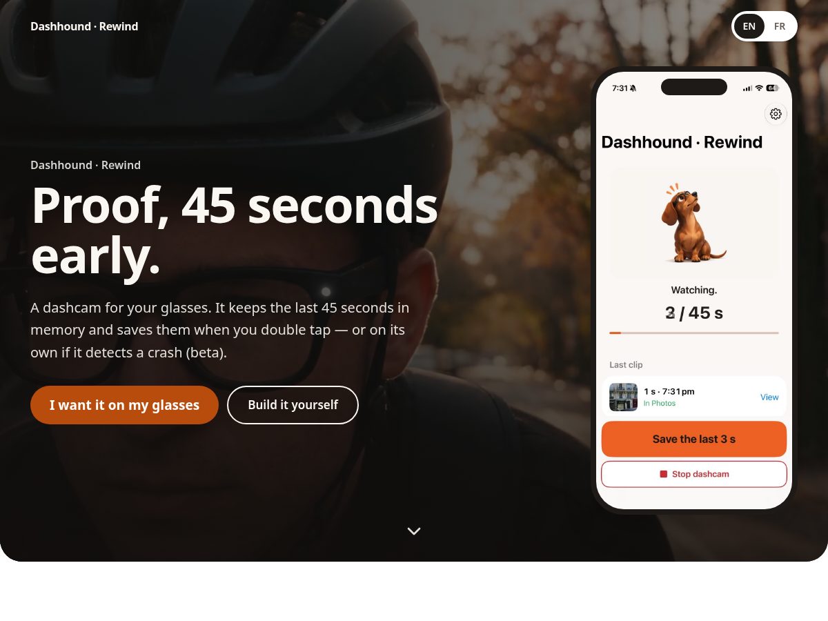 Landing-page snapshot of dashhoundrewind.com