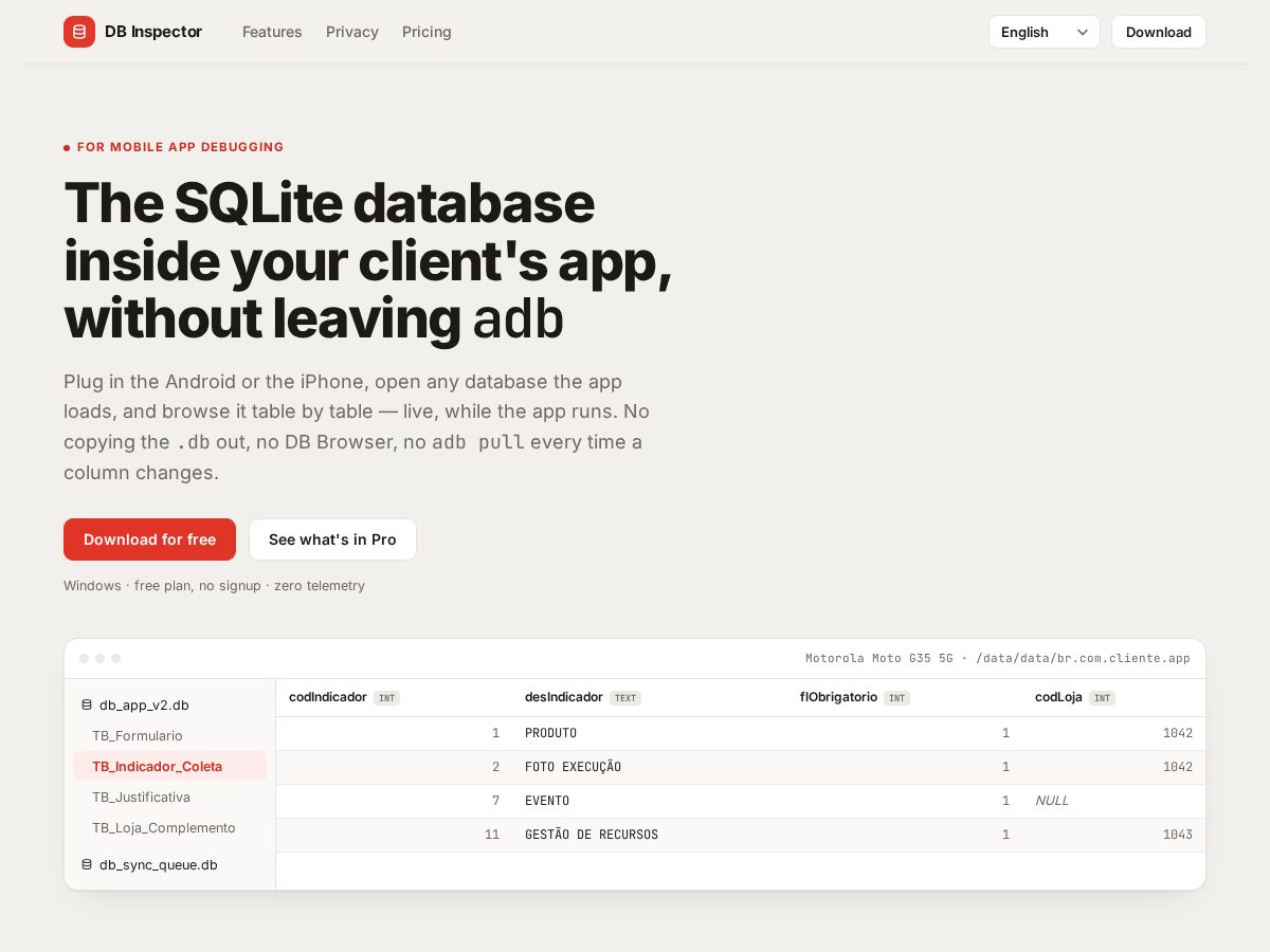 Landing-page snapshot of db-inspector.site