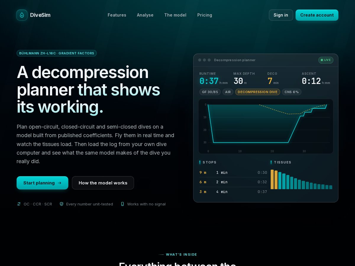 Landing-page snapshot of divesim.app