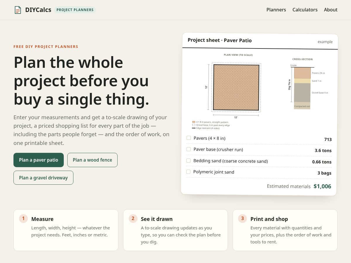 Landing-page snapshot of diycalcs.org